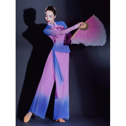 Women girls Blue purple chinese folk Jiaozhou Yangge classical dance costume fairy hanfu yangge fan umbrella dance performance dresses flowing female art test suit